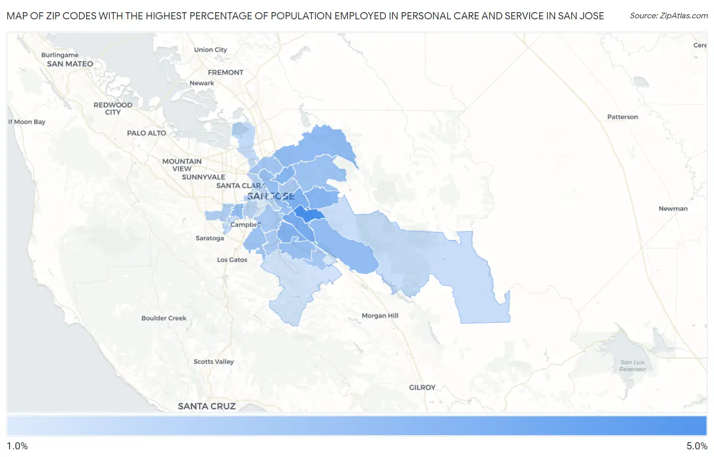 Zip Codes with the Highest Percentage of Population Employed in Personal Care and Service in San Jose Map