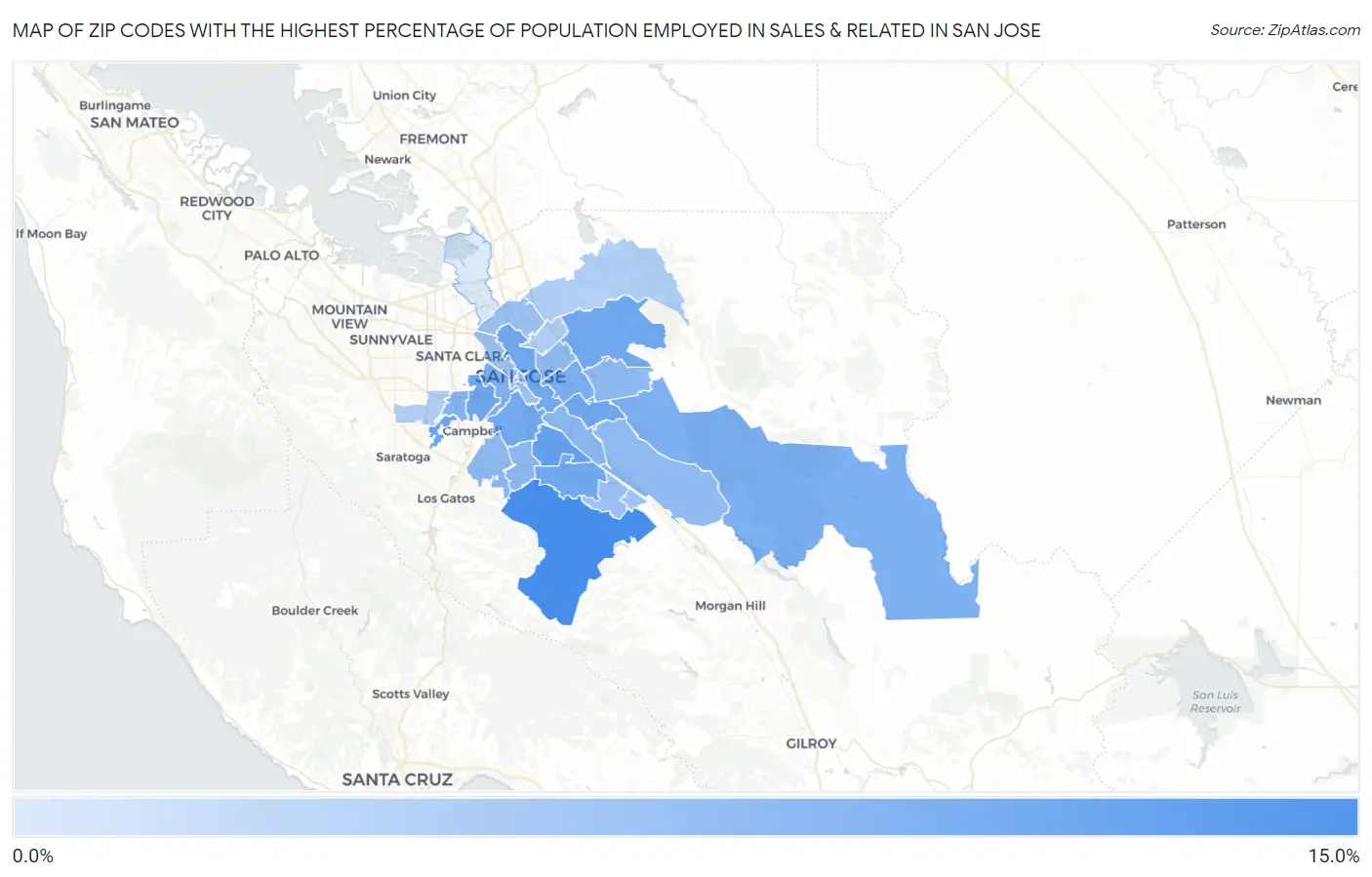 Zip Codes with the Highest Percentage of Population Employed in Sales & Related in San Jose Map