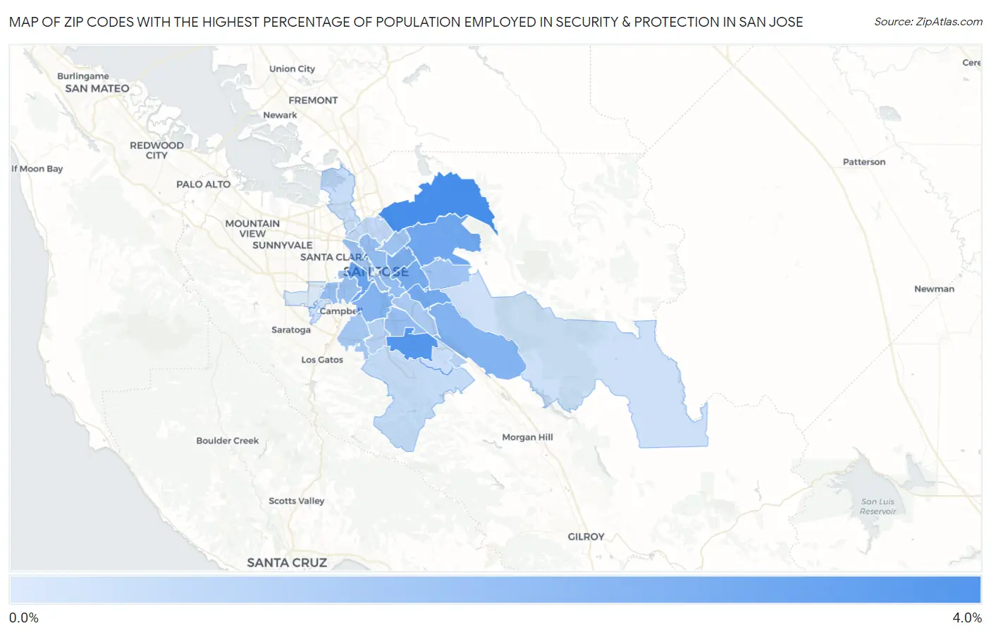 Zip Codes with the Highest Percentage of Population Employed in Security & Protection in San Jose Map