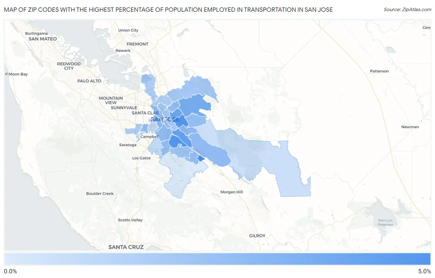 Zip Codes with the Highest Percentage of Population Employed in Transportation in San Jose Map