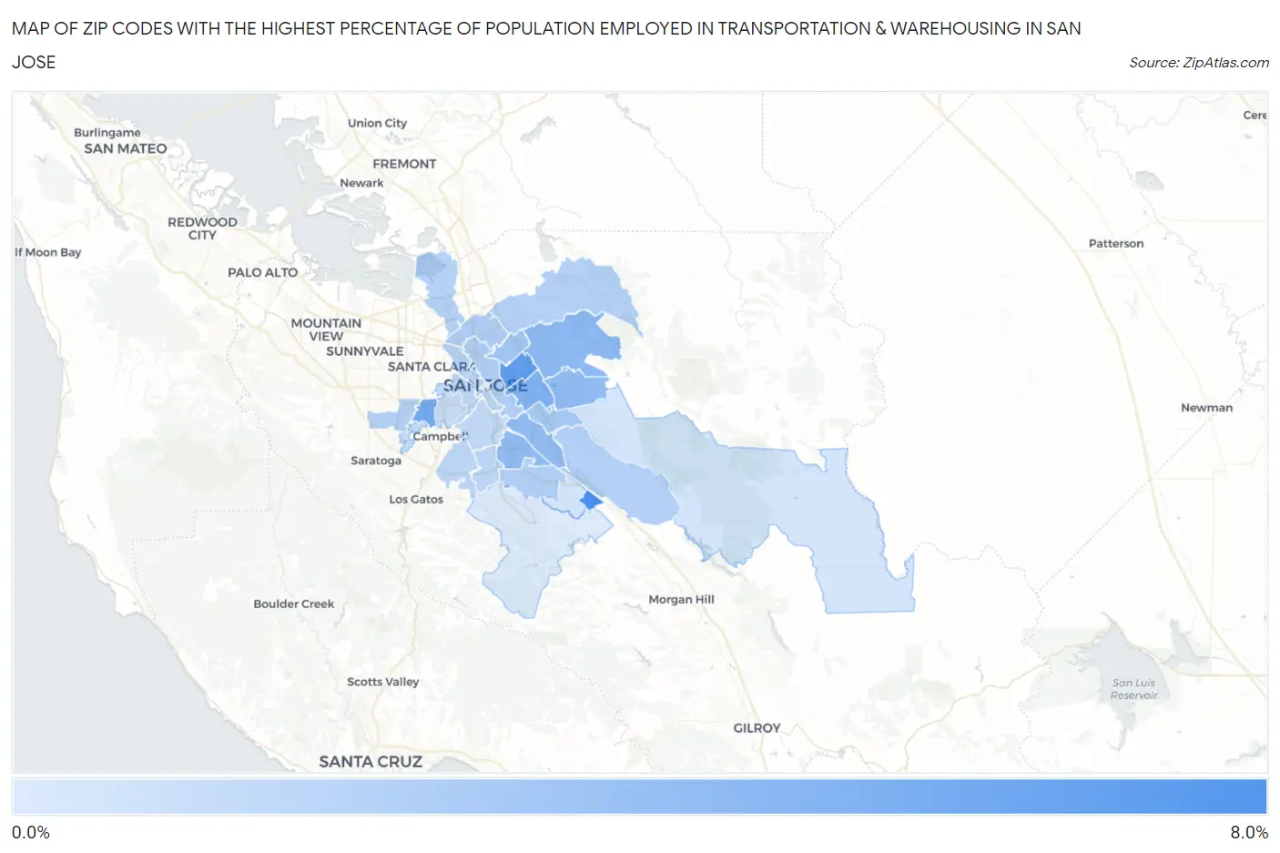 Zip Codes with the Highest Percentage of Population Employed in Transportation & Warehousing in San Jose Map