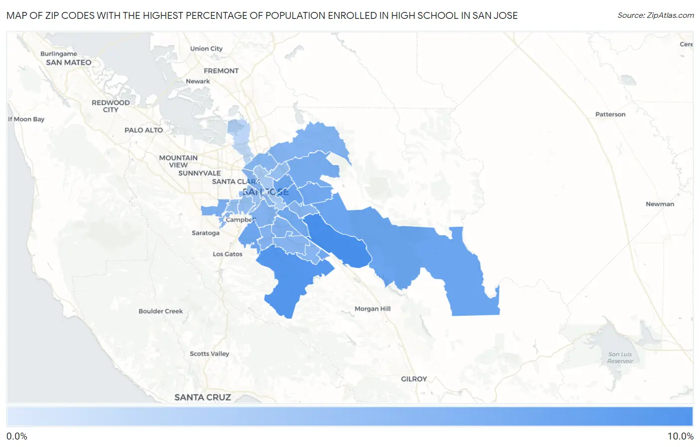 Zip Codes with the Highest Percentage of Population Enrolled in High School in San Jose Map