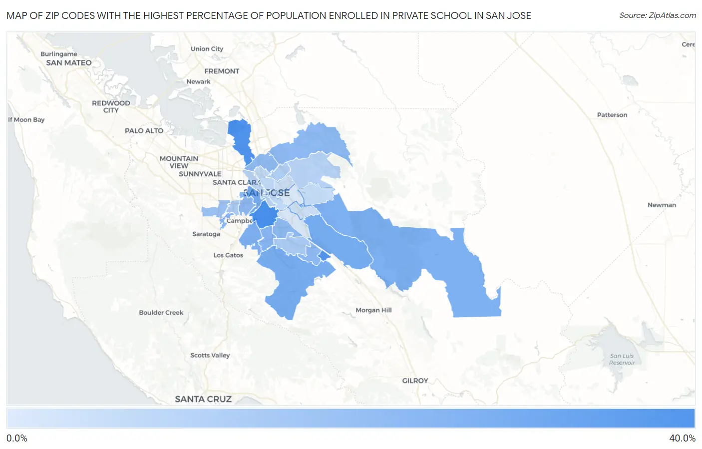 Zip Codes with the Highest Percentage of Population Enrolled in Private School in San Jose Map