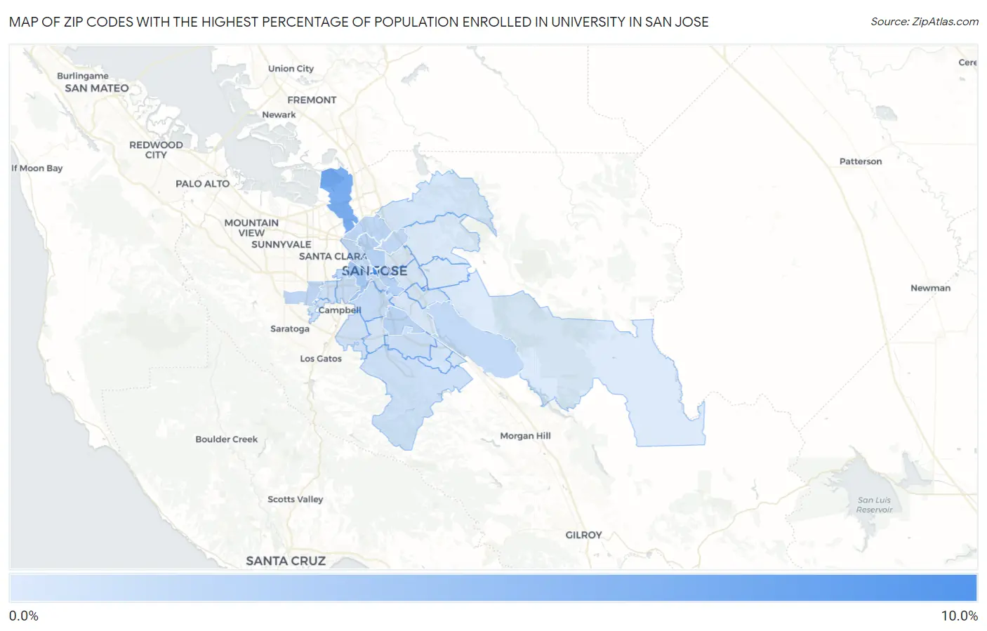 Zip Codes with the Highest Percentage of Population Enrolled in University in San Jose Map