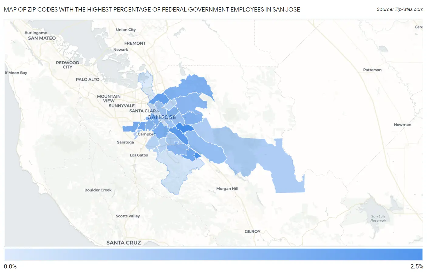 Zip Codes with the Highest Percentage of Federal Government Employees in San Jose Map