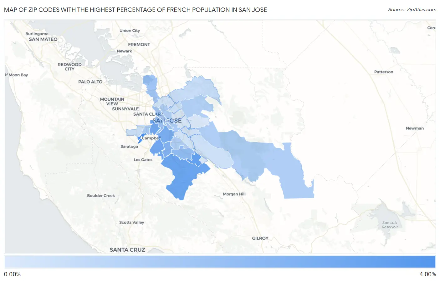 Zip Codes with the Highest Percentage of French Population in San Jose Map