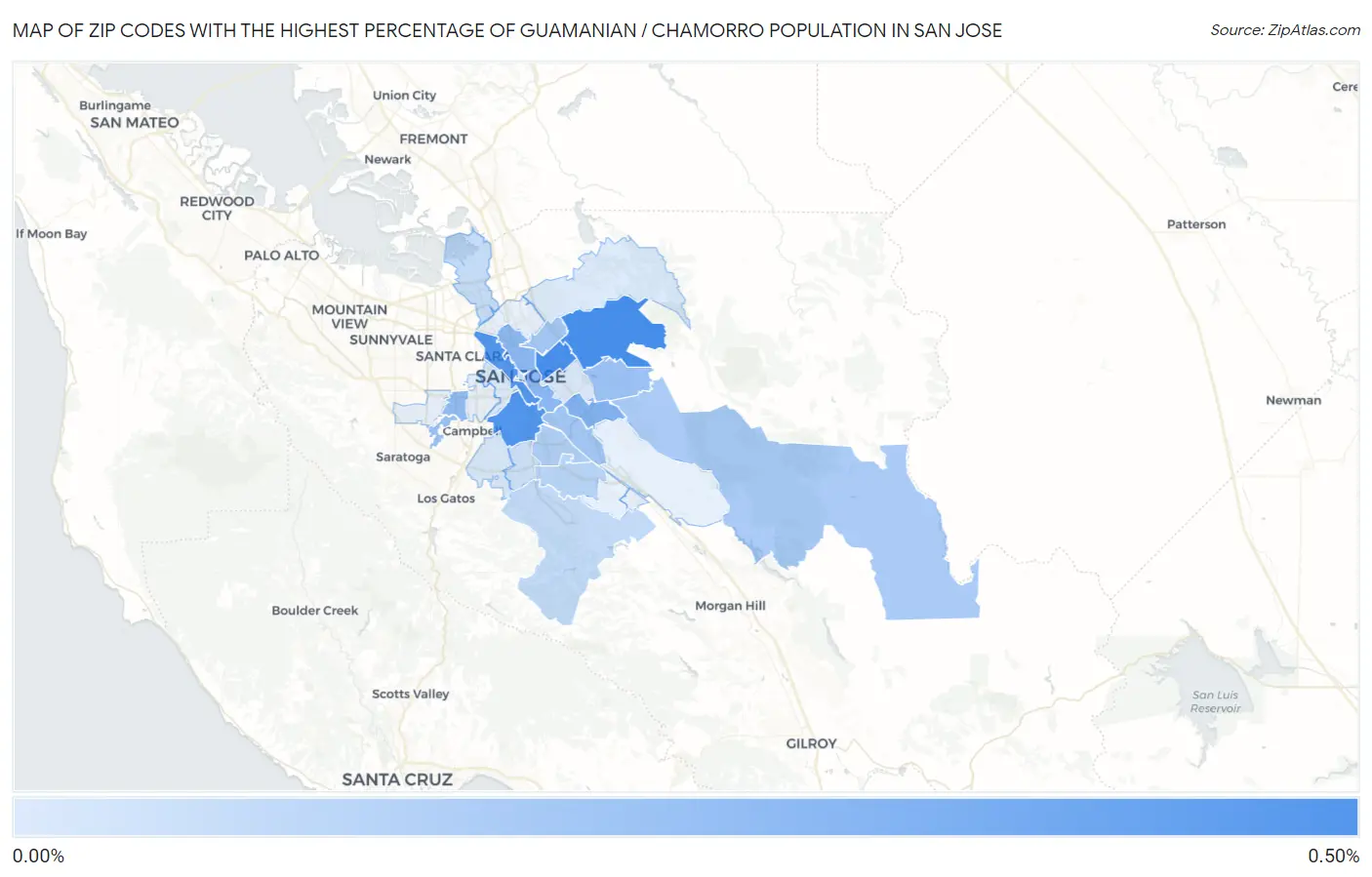 Zip Codes with the Highest Percentage of Guamanian / Chamorro Population in San Jose Map