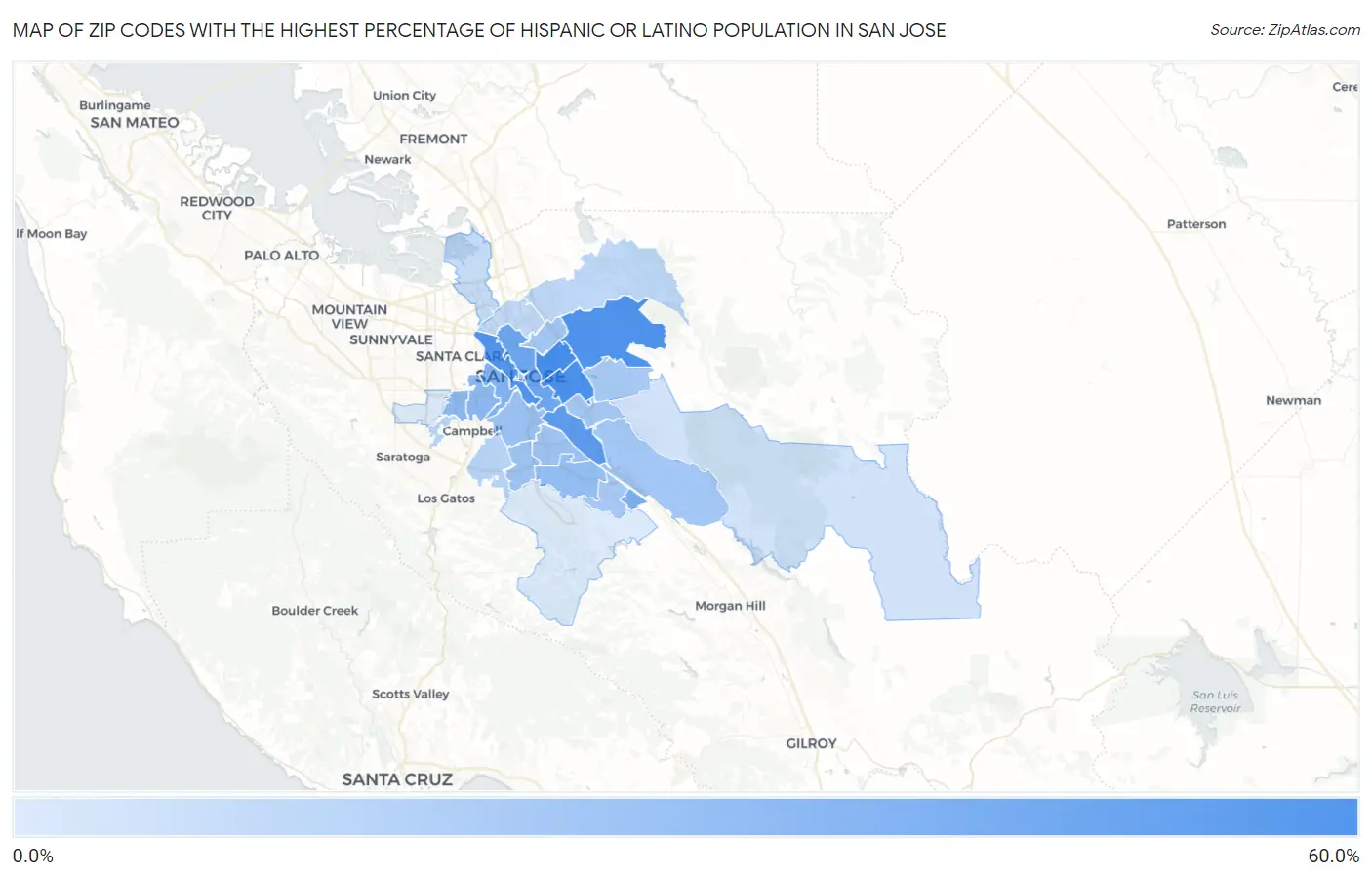 Zip Codes with the Highest Percentage of Hispanic or Latino Population in San Jose Map