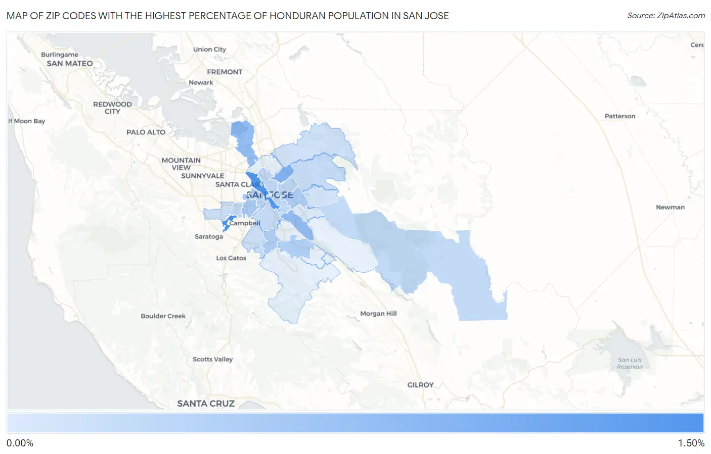 Zip Codes with the Highest Percentage of Honduran Population in San Jose Map