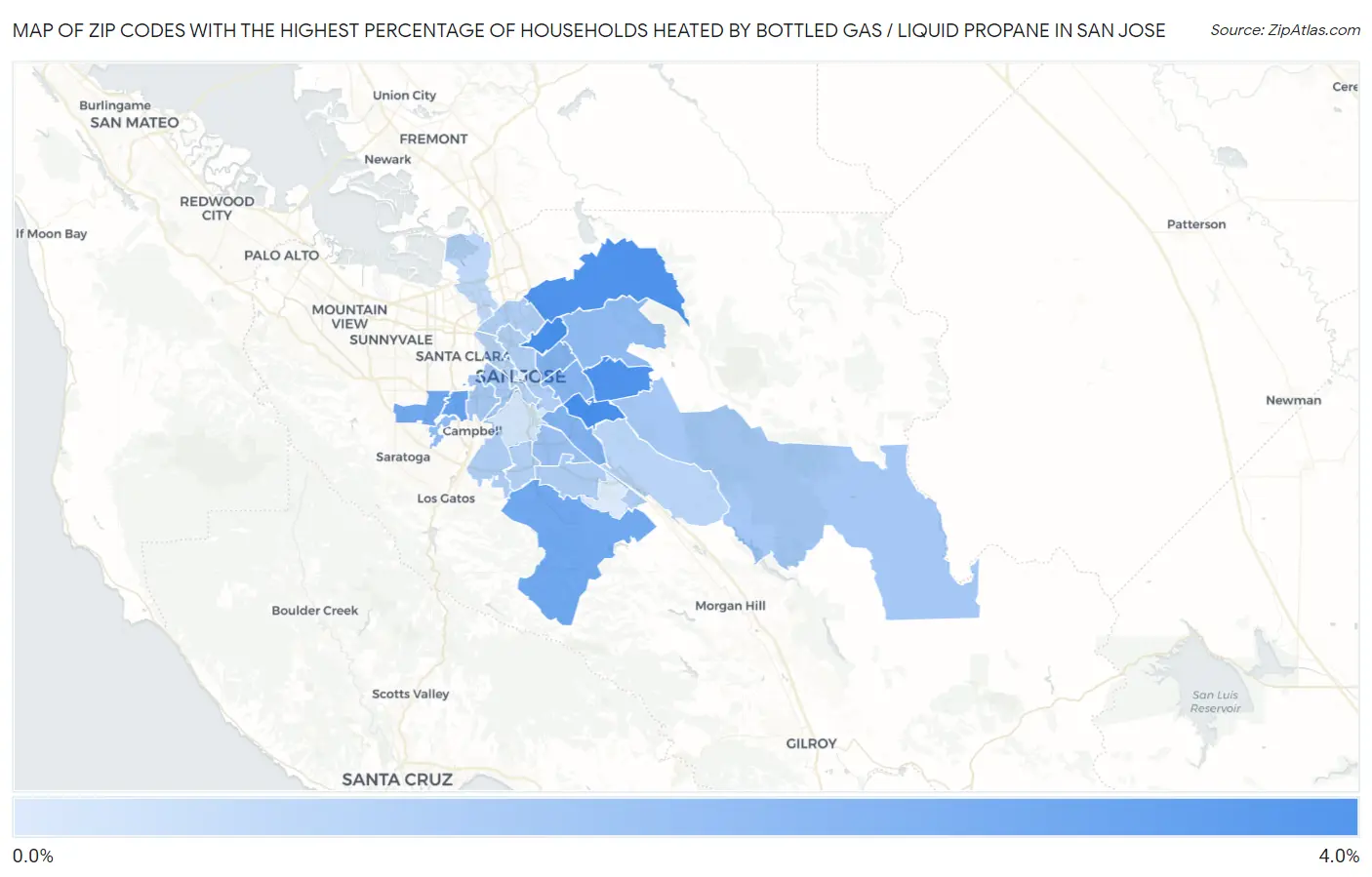 Zip Codes with the Highest Percentage of Households Heated by Bottled Gas / Liquid Propane in San Jose Map