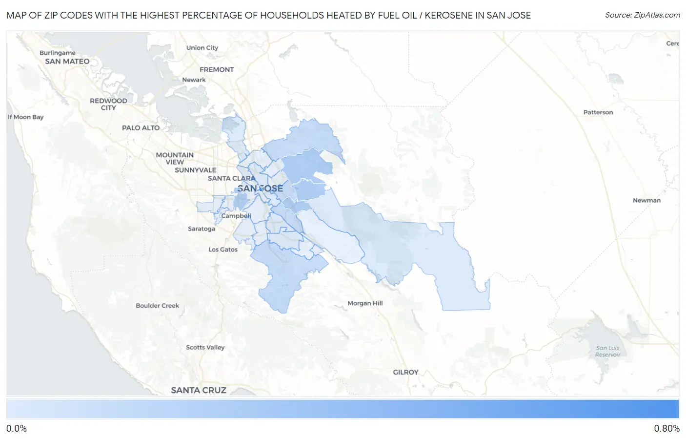 Zip Codes with the Highest Percentage of Households Heated by Fuel Oil / Kerosene in San Jose Map