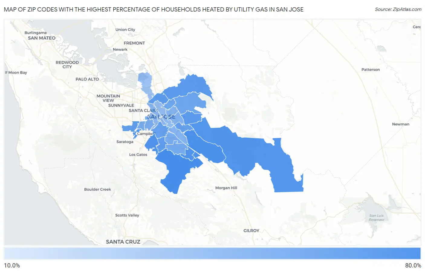 Zip Codes with the Highest Percentage of Households Heated by Utility Gas in San Jose Map