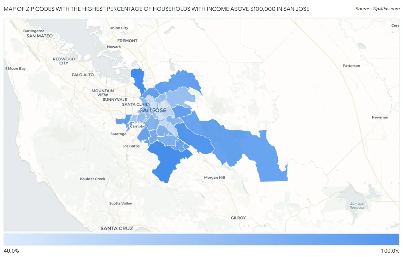 Zip Codes with the Highest Percentage of Households with Income Above $100,000 in San Jose Map
