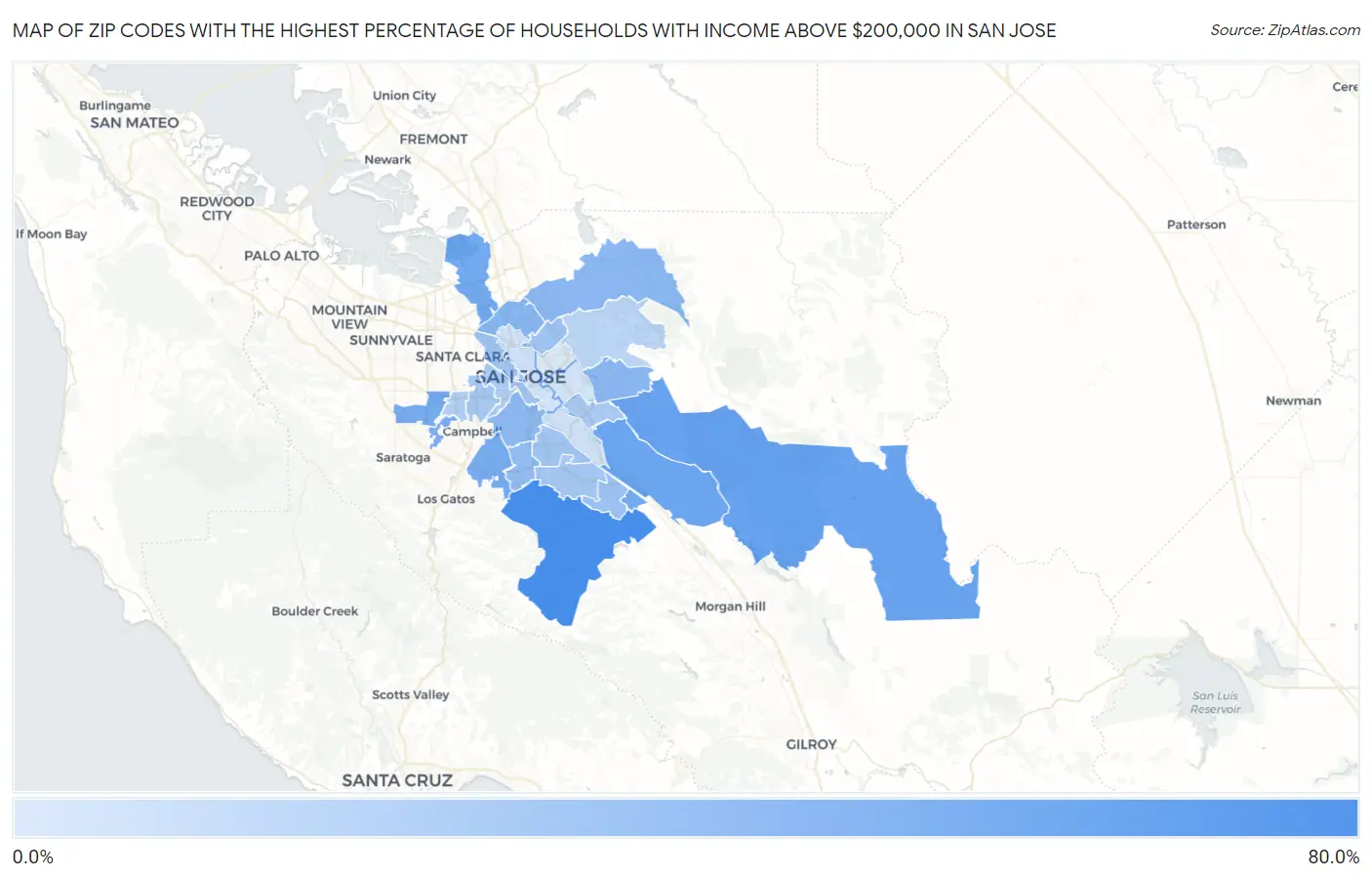 Zip Codes with the Highest Percentage of Households with Income Above $200,000 in San Jose Map