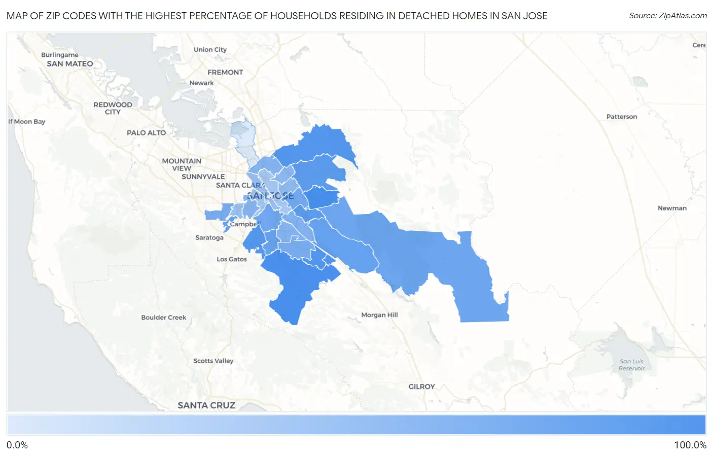 Zip Codes with the Highest Percentage of Households Residing in Detached Homes in San Jose Map