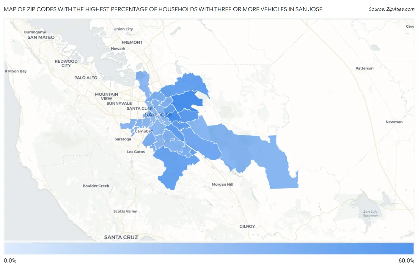 Zip Codes with the Highest Percentage of Households With Three or more Vehicles in San Jose Map