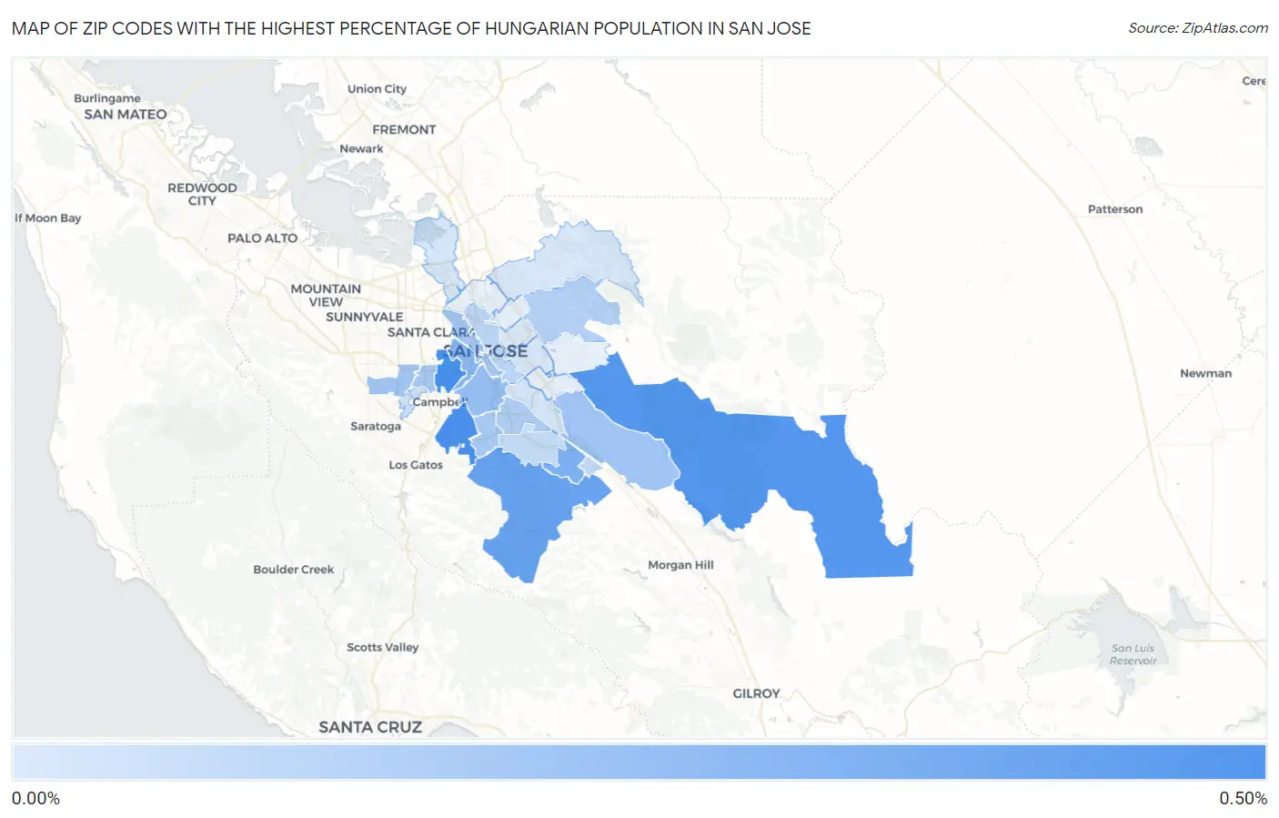 Zip Codes with the Highest Percentage of Hungarian Population in San Jose Map