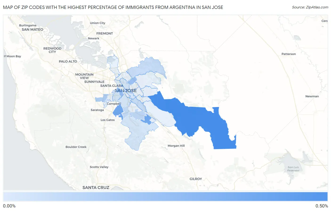 Zip Codes with the Highest Percentage of Immigrants from Argentina in San Jose Map
