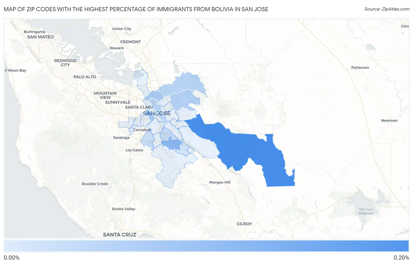 Zip Codes with the Highest Percentage of Immigrants from Bolivia in San Jose Map