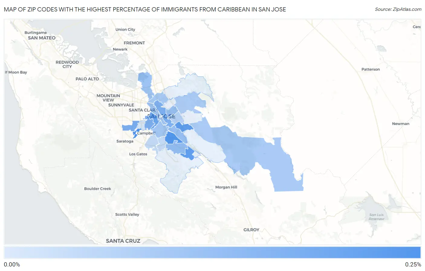 Zip Codes with the Highest Percentage of Immigrants from Caribbean in San Jose Map