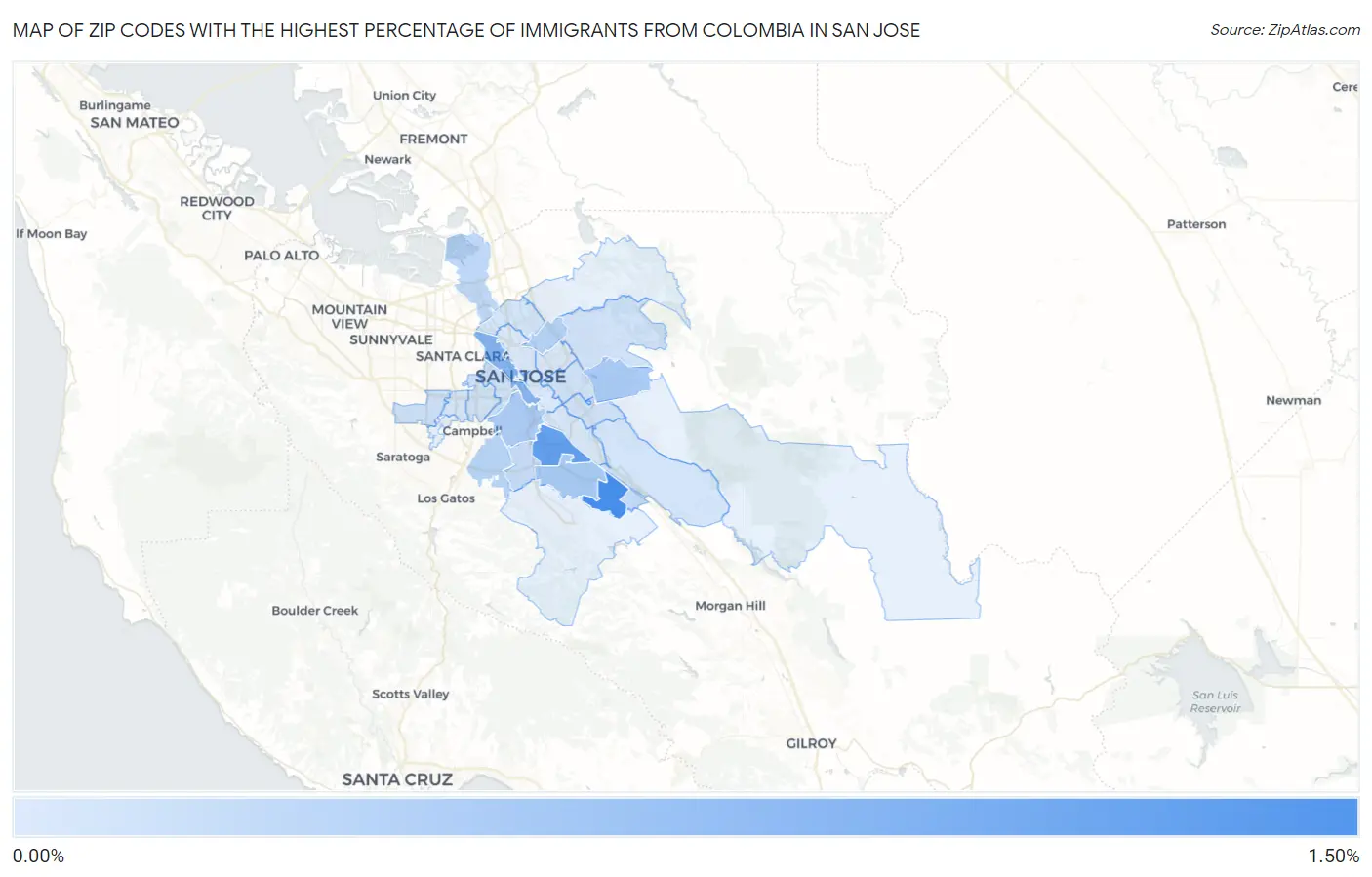 Zip Codes with the Highest Percentage of Immigrants from Colombia in San Jose Map