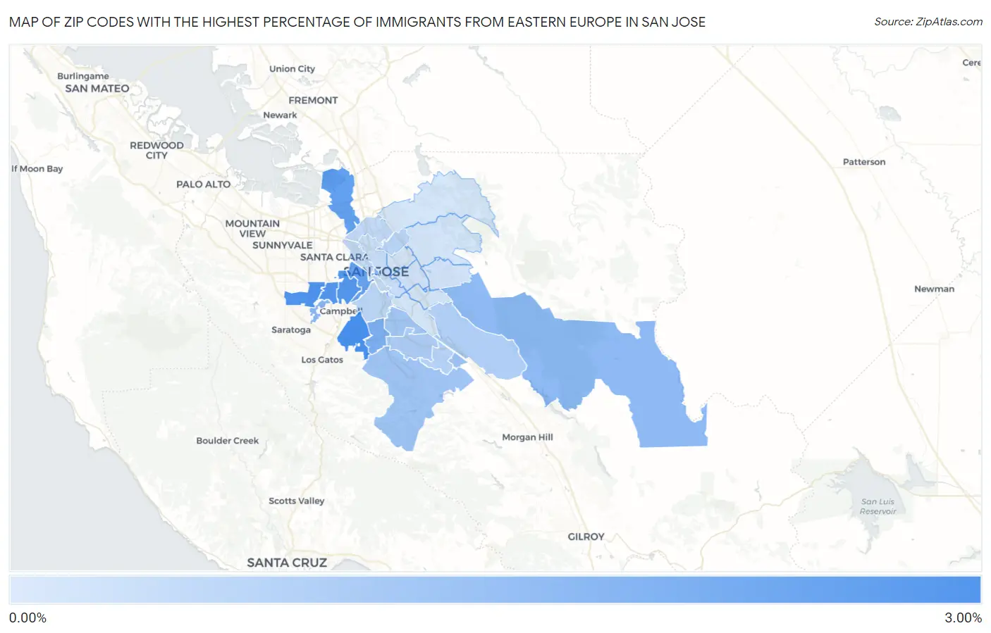 Zip Codes with the Highest Percentage of Immigrants from Eastern Europe in San Jose Map