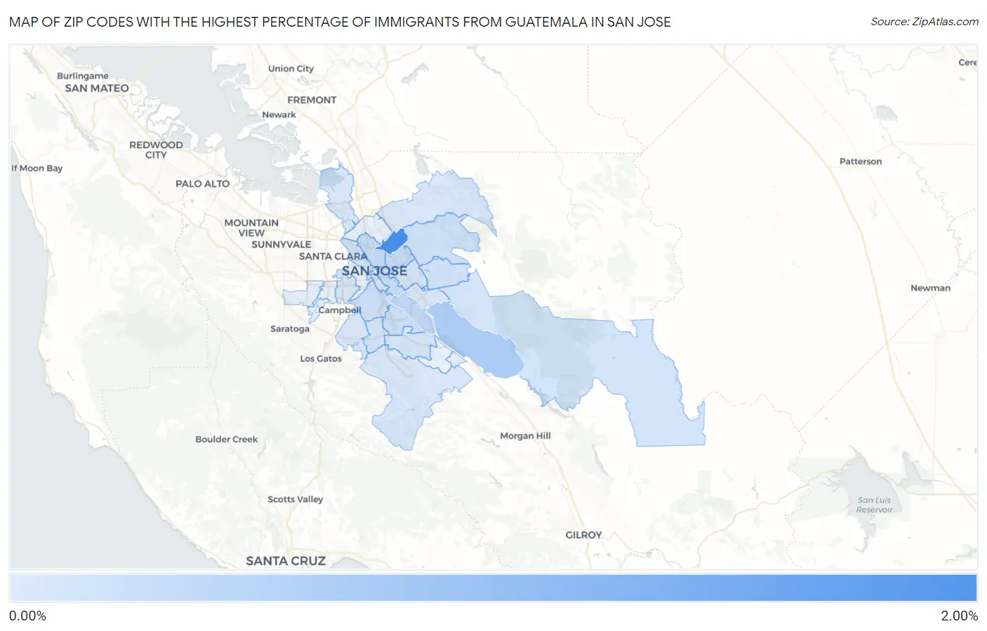 Zip Codes with the Highest Percentage of Immigrants from Guatemala in San Jose Map