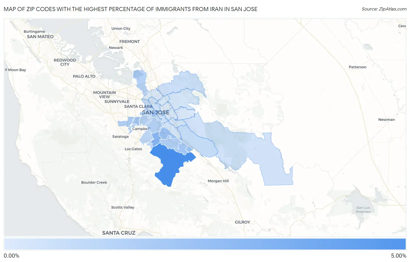 Zip Codes with the Highest Percentage of Immigrants from Iran in San Jose Map
