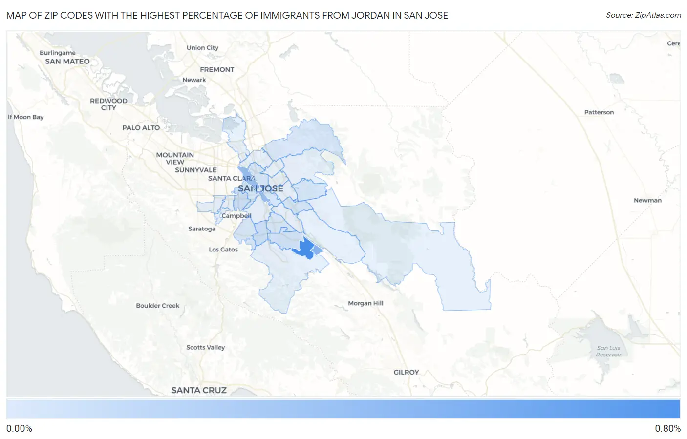 Zip Codes with the Highest Percentage of Immigrants from Jordan in San Jose Map