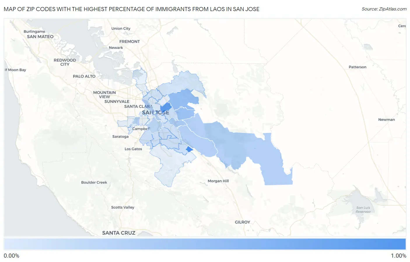 Zip Codes with the Highest Percentage of Immigrants from Laos in San Jose Map
