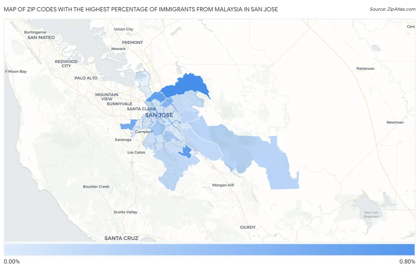 Zip Codes with the Highest Percentage of Immigrants from Malaysia in San Jose Map