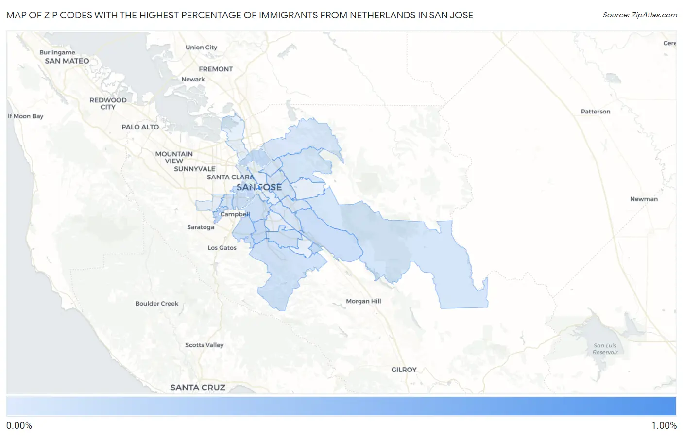 Zip Codes with the Highest Percentage of Immigrants from Netherlands in San Jose Map