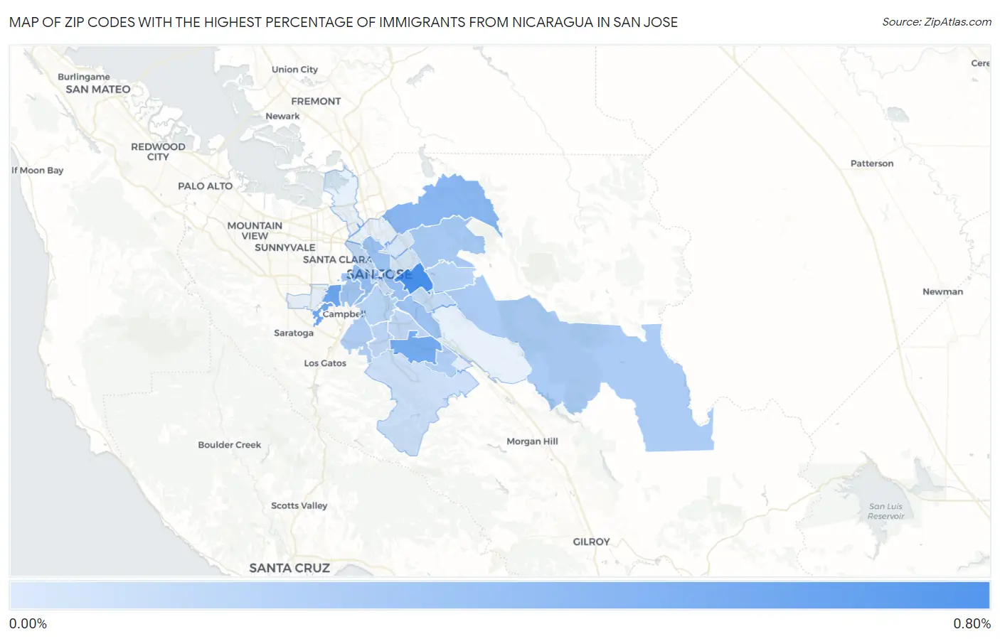 Zip Codes with the Highest Percentage of Immigrants from Nicaragua in San Jose Map