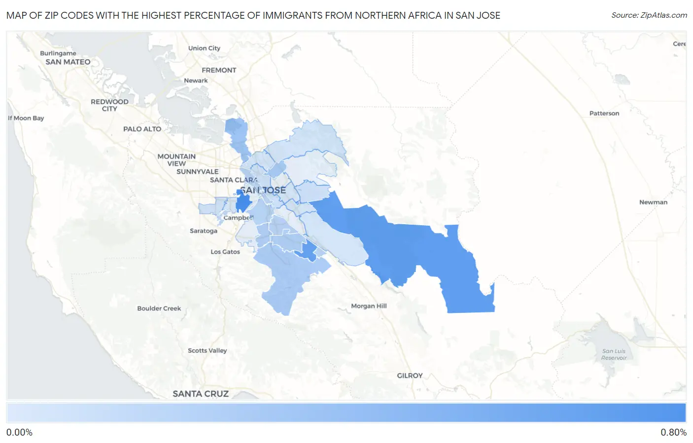 Zip Codes with the Highest Percentage of Immigrants from Northern Africa in San Jose Map