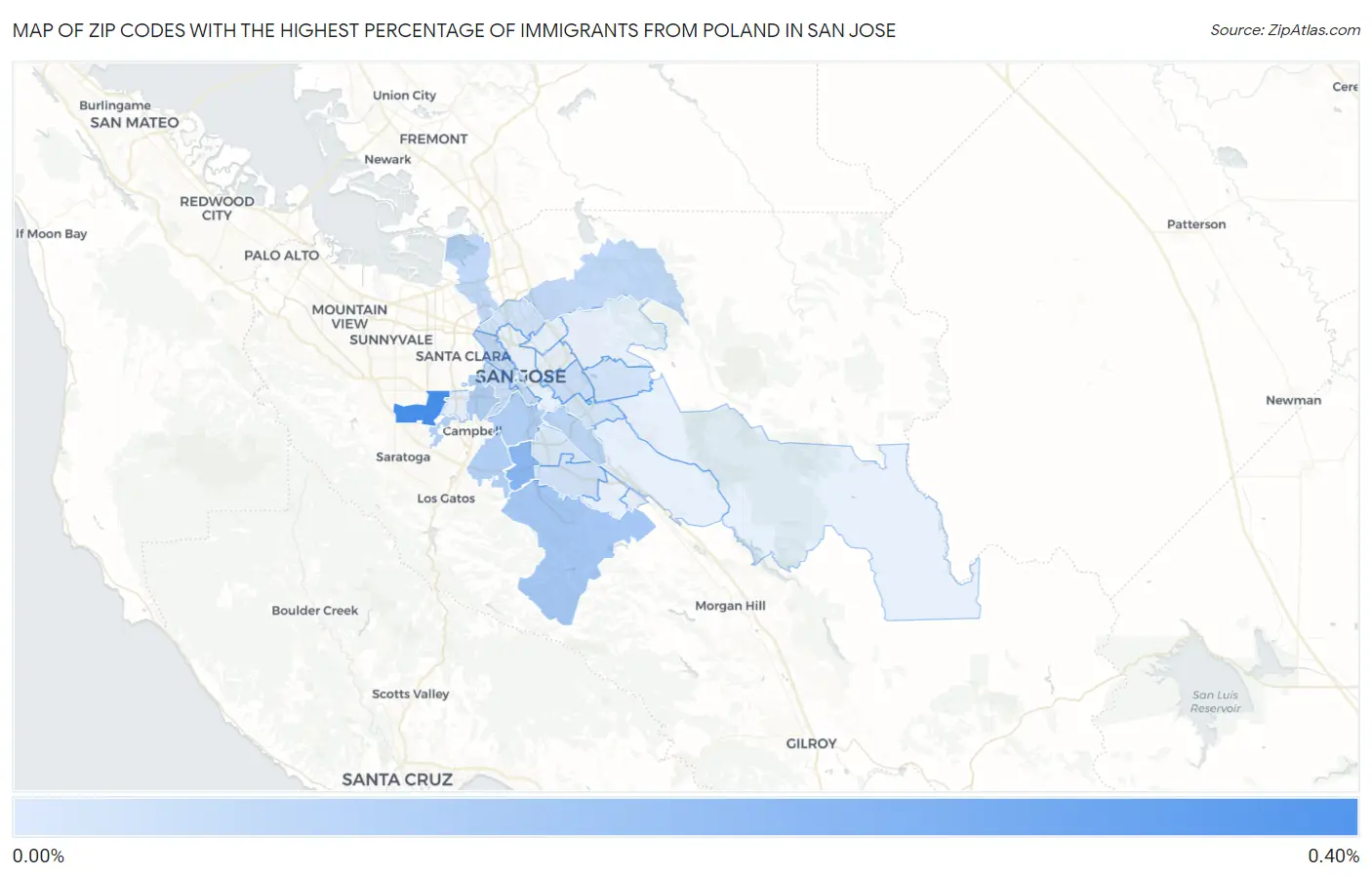 Zip Codes with the Highest Percentage of Immigrants from Poland in San Jose Map
