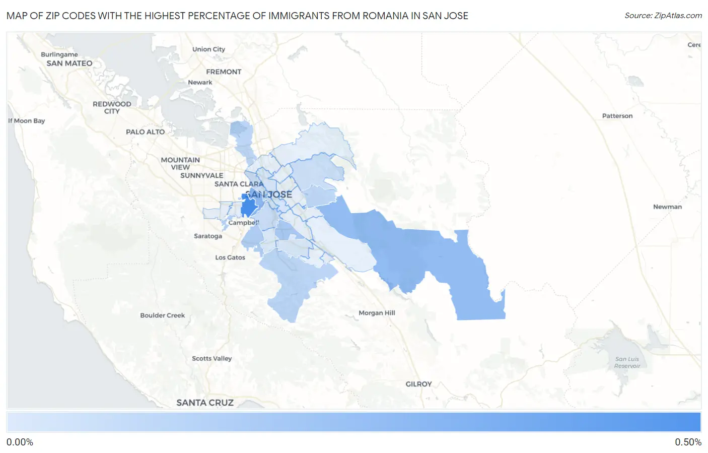 Zip Codes with the Highest Percentage of Immigrants from Romania in San Jose Map