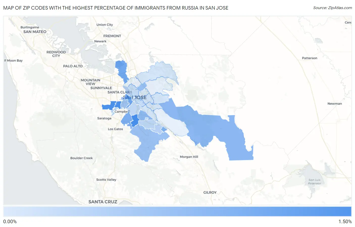 Zip Codes with the Highest Percentage of Immigrants from Russia in San Jose Map