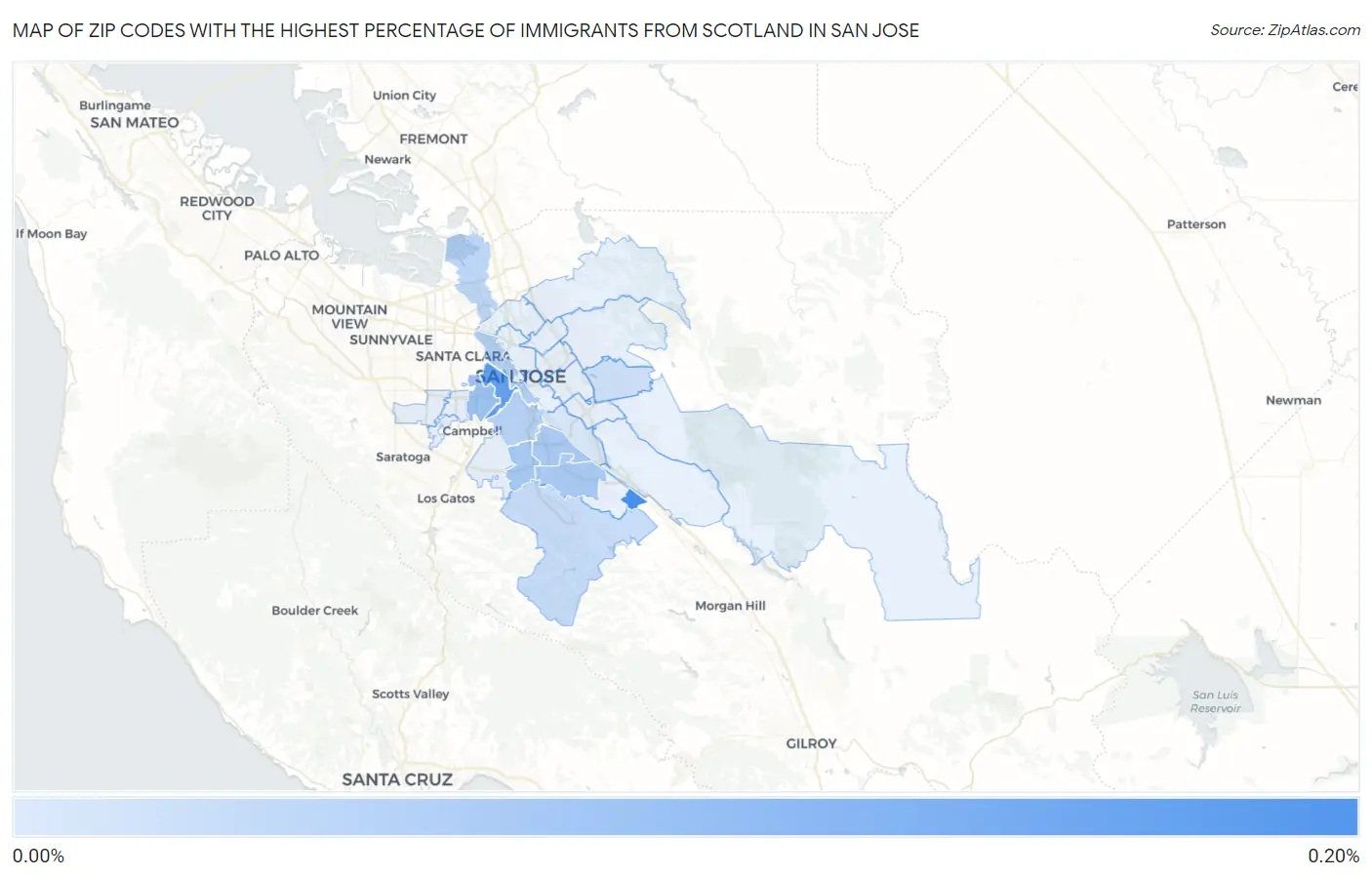 Zip Codes with the Highest Percentage of Immigrants from Scotland in San Jose Map