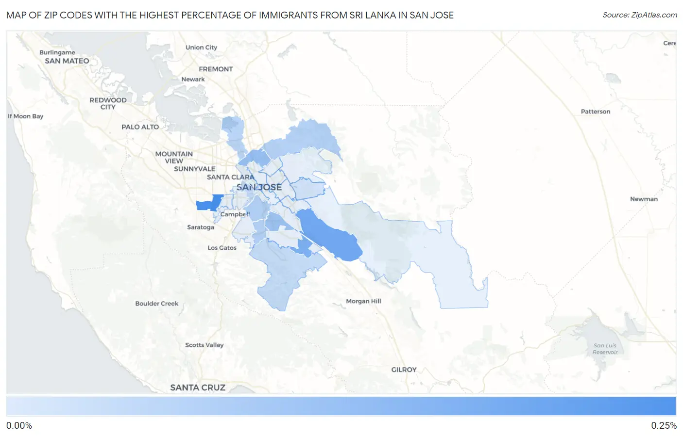 Zip Codes with the Highest Percentage of Immigrants from Sri Lanka in San Jose Map