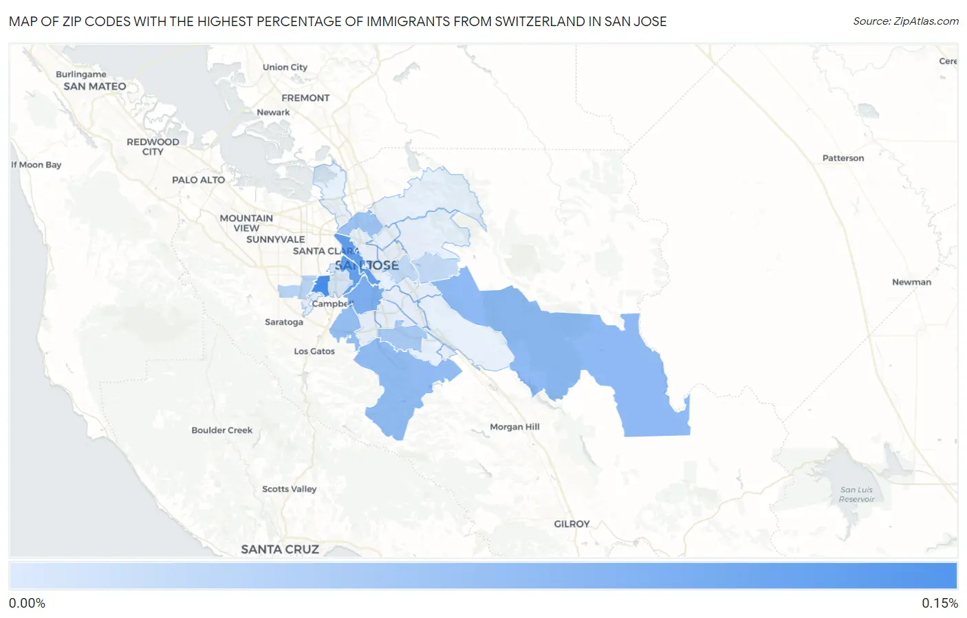 Zip Codes with the Highest Percentage of Immigrants from Switzerland in San Jose Map