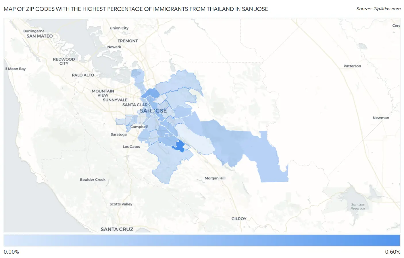 Zip Codes with the Highest Percentage of Immigrants from Thailand in San Jose Map