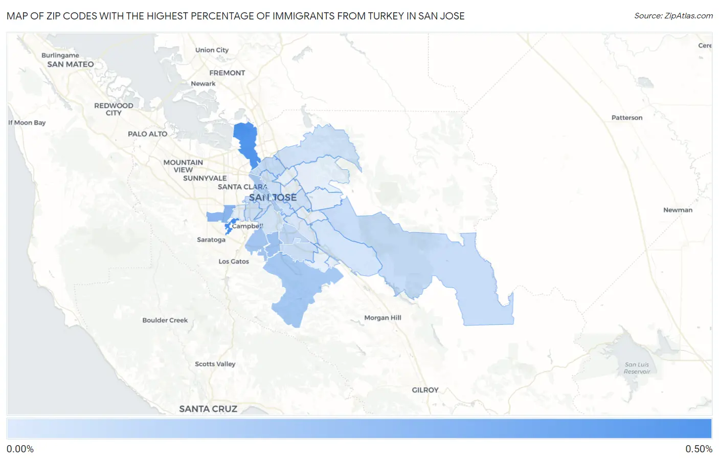 Zip Codes with the Highest Percentage of Immigrants from Turkey in San Jose Map