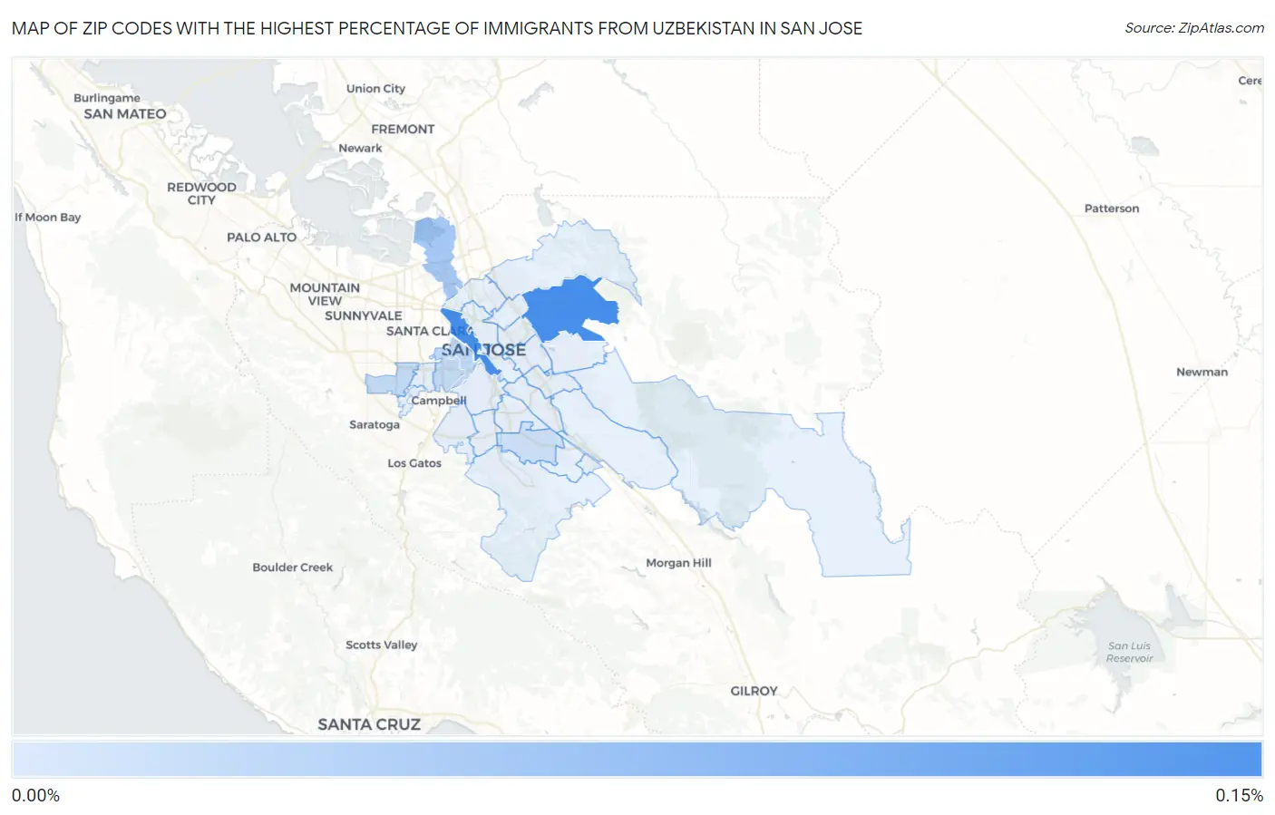 Zip Codes with the Highest Percentage of Immigrants from Uzbekistan in San Jose Map