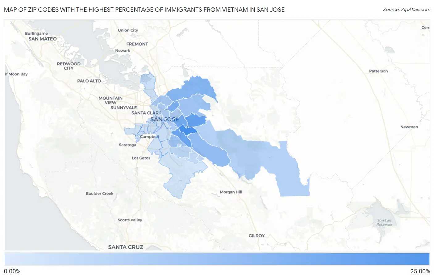 Zip Codes with the Highest Percentage of Immigrants from Vietnam in San Jose Map