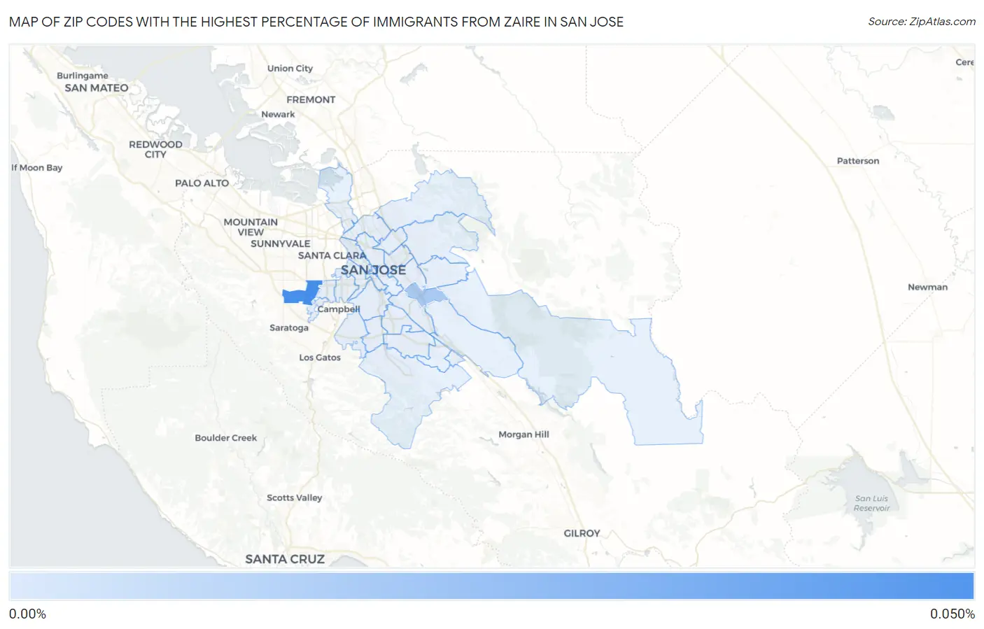 Zip Codes with the Highest Percentage of Immigrants from Zaire in San Jose Map