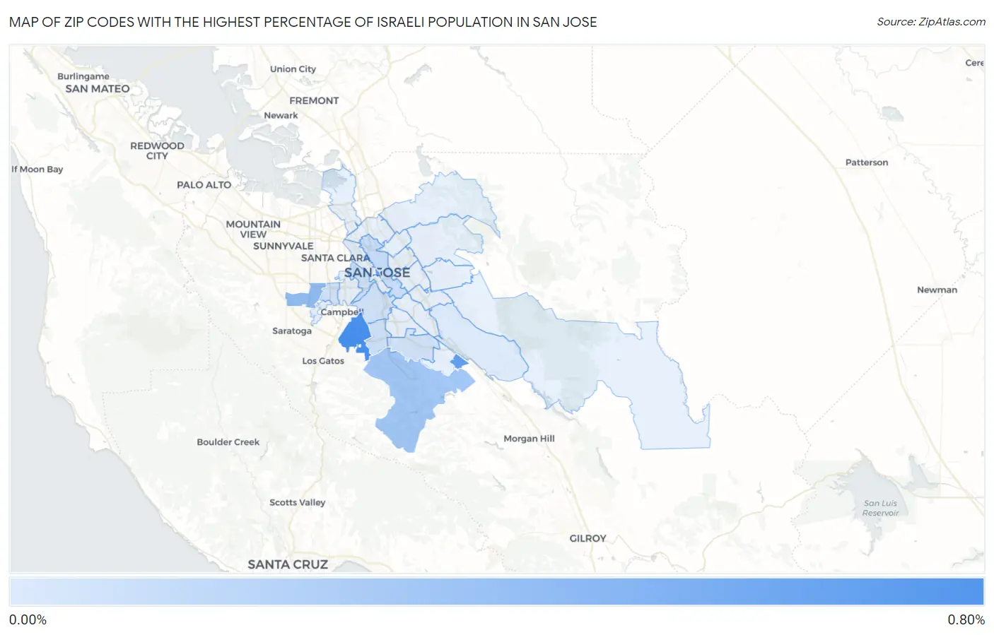Zip Codes with the Highest Percentage of Israeli Population in San Jose Map