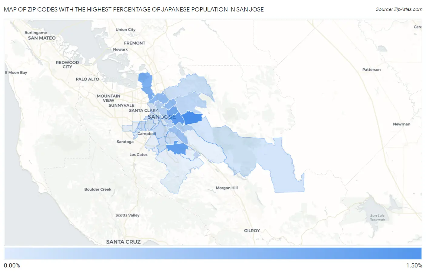 Zip Codes with the Highest Percentage of Japanese Population in San Jose Map