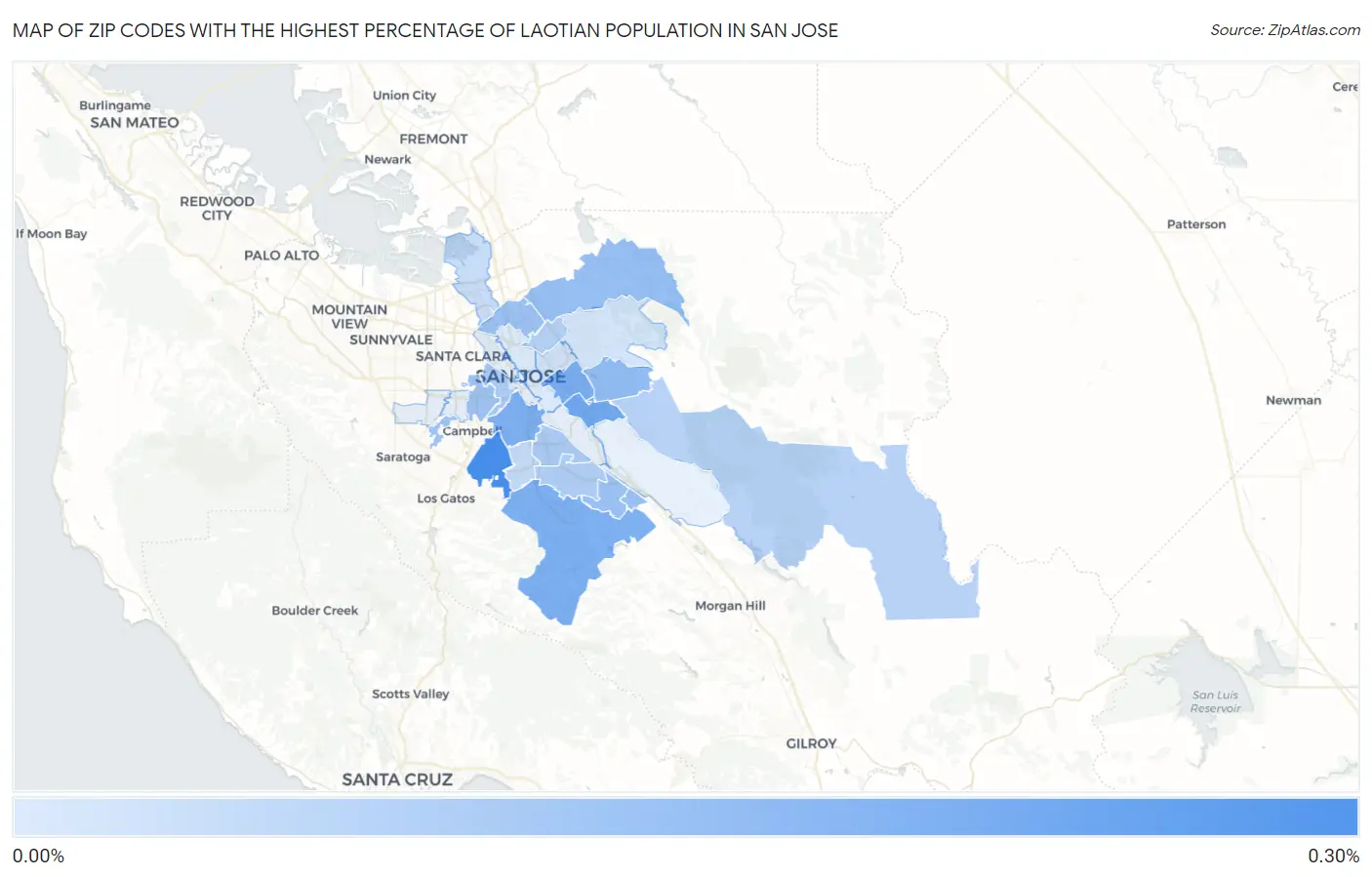Zip Codes with the Highest Percentage of Laotian Population in San Jose Map