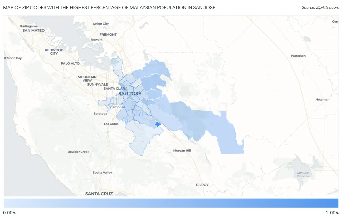 Zip Codes with the Highest Percentage of Malaysian Population in San Jose Map