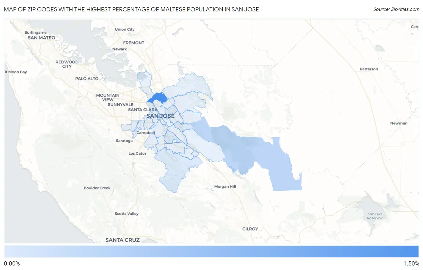 Zip Codes with the Highest Percentage of Maltese Population in San Jose Map